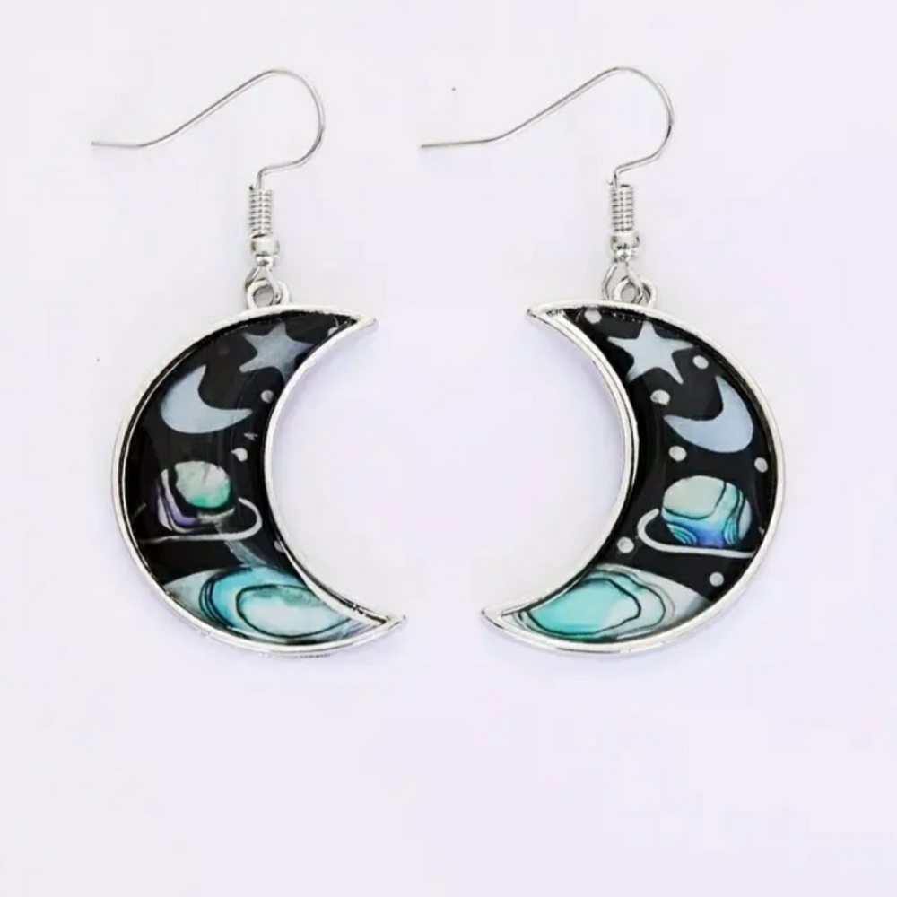 NEW Starry Night Crescent Moon and Blue Planets Dangle Earrings